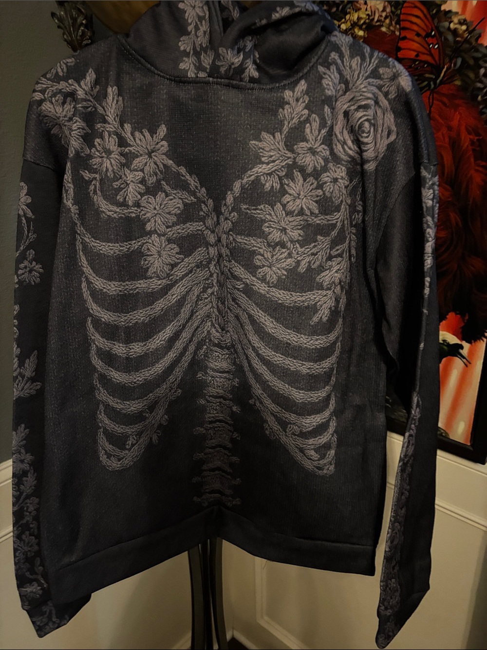 Halloween Black Hoodie with Gray Floral Skeleton Print - Halloween store (M) - Picture 2 of 8